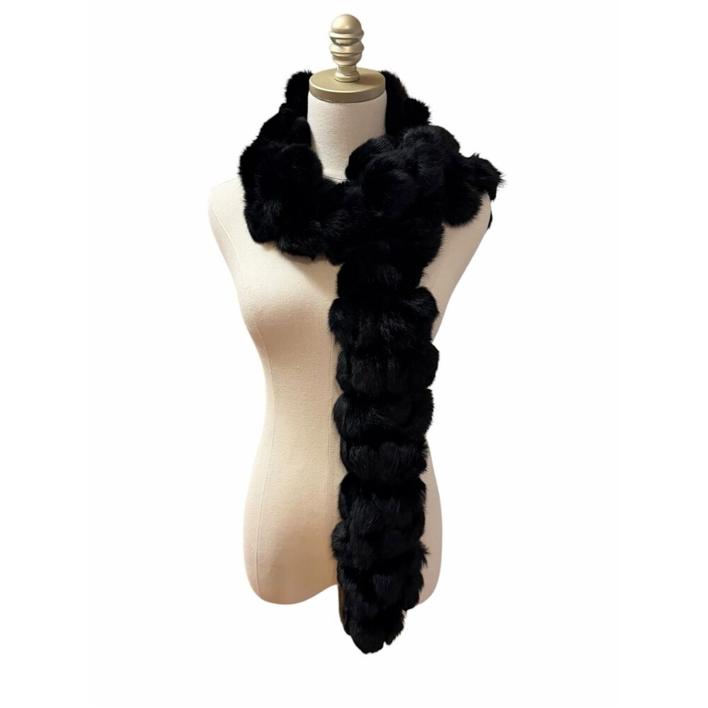 Womens Genuine Black Rex Rabbit Fur Pom Pom Scarf
